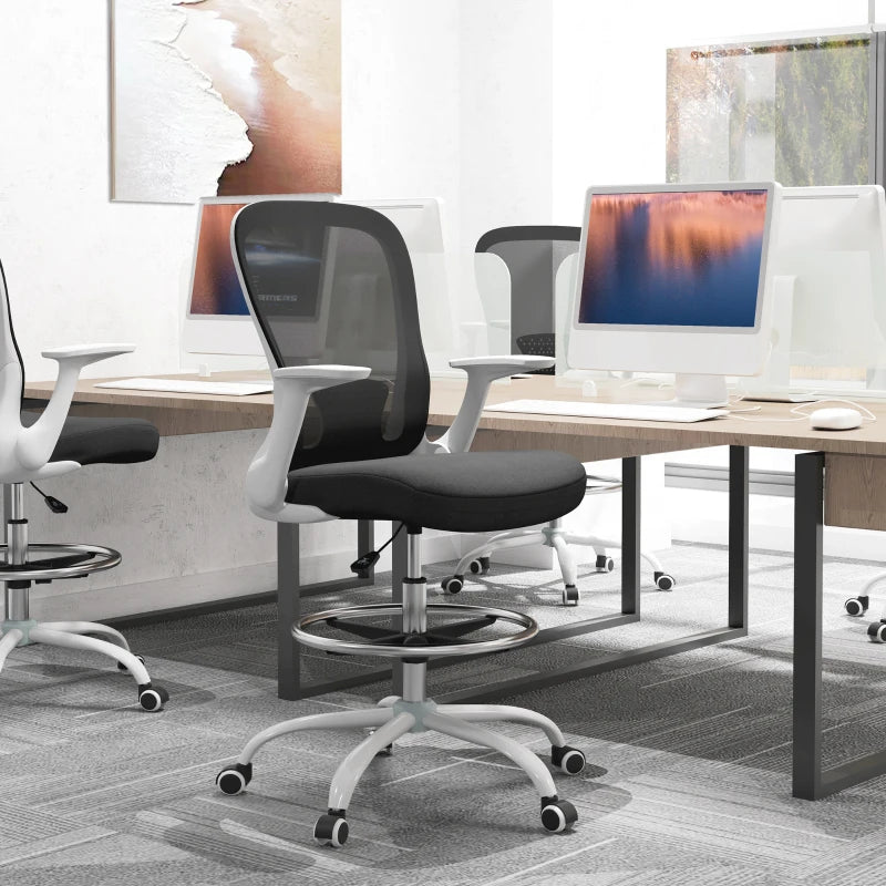 Ergonomic Draughtsman Chair - Mesh Drafting Chair with Flip-Up Armrests & Adjustable Foot Ring - Black & White Office Seating