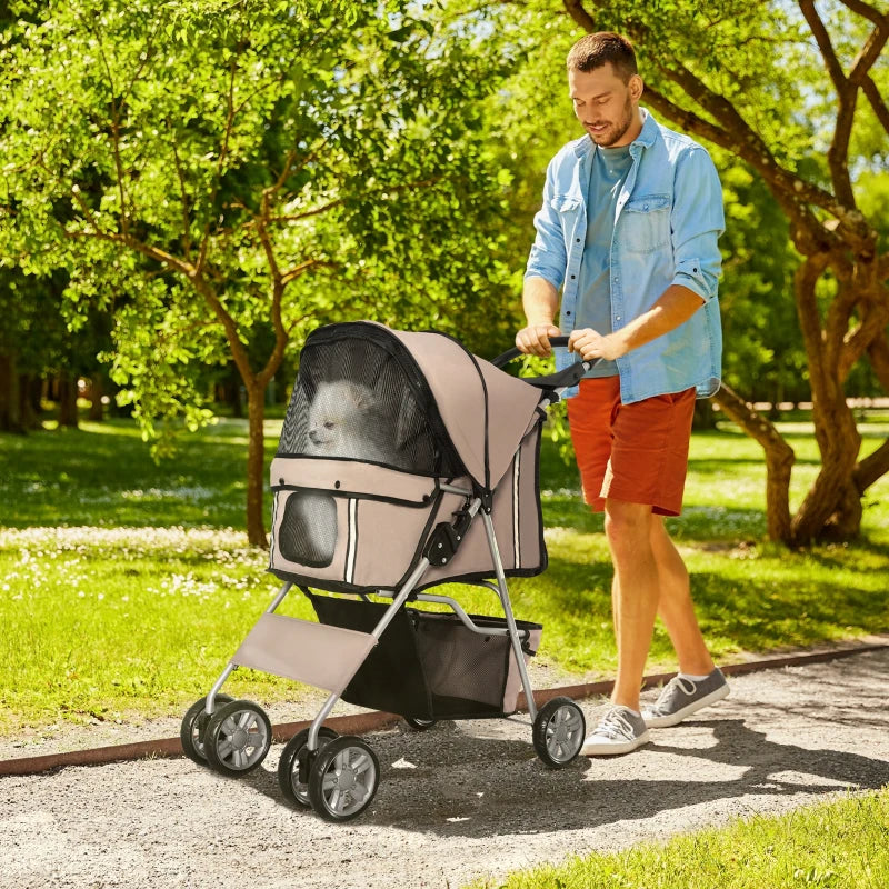 Foldable Pet Stroller for Small Dogs & Cats - Travel Carriage with Wheels, Zipper Entry, Cup Holder & Storage Basket - Brown