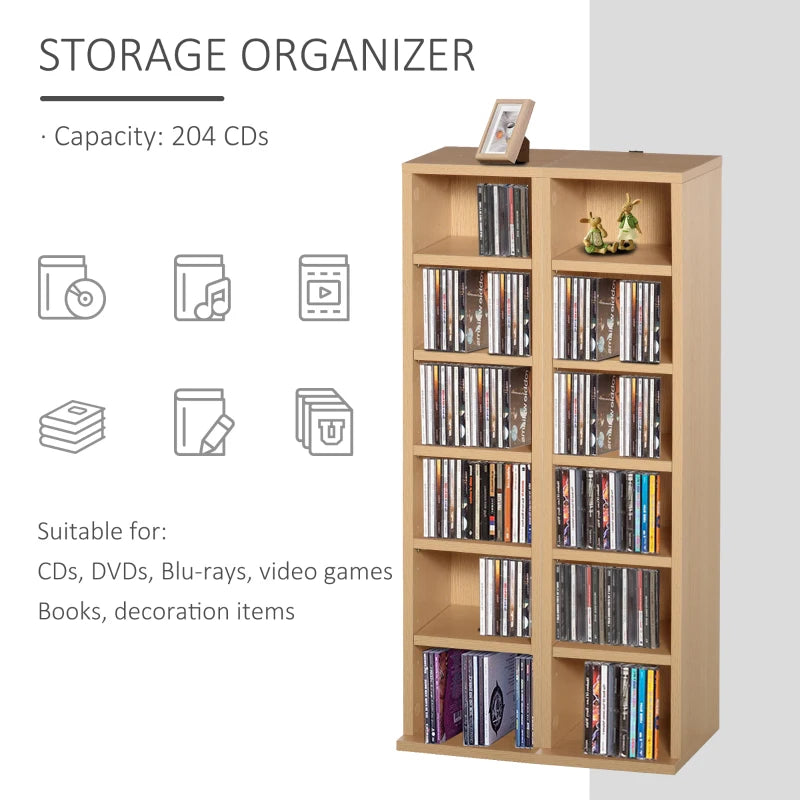 Set of 2 Blu-Ray Tower Rack - Adjustable CD Media Display Shelf Unit, Natural Wood Bookcase Storage Organizer