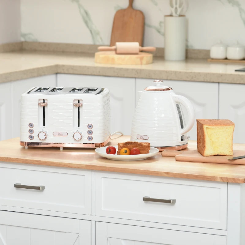 Cream White Kettle and Toaster Set - 3000W Rapid Boil 1.7L Kettle & 4 Slice Toaster with 7 Browning Controls