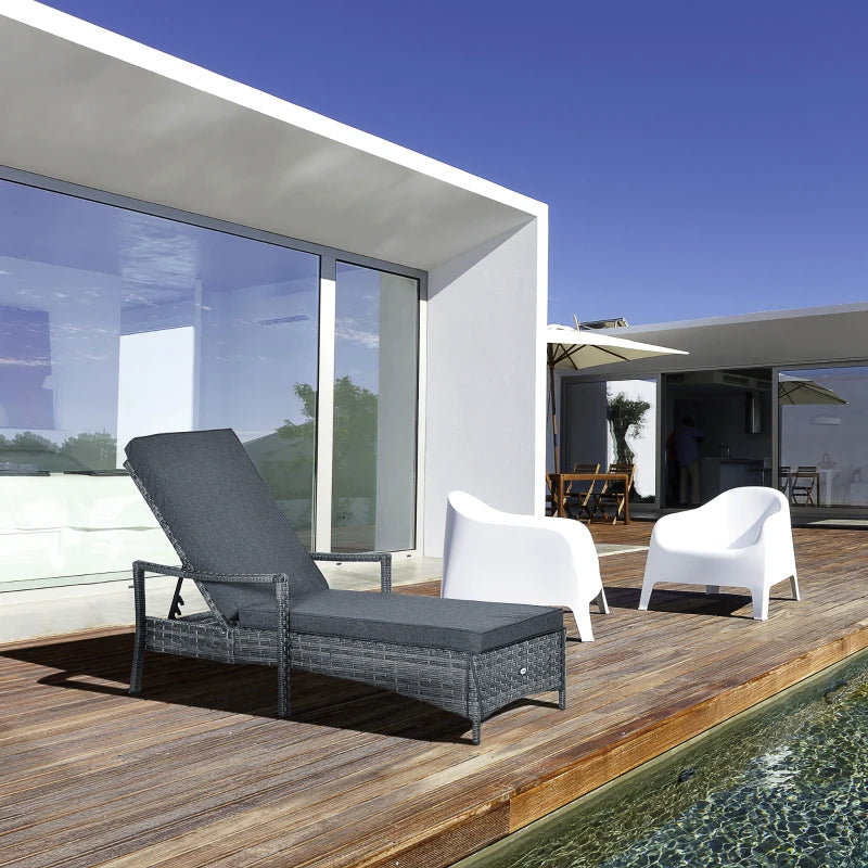 Grey Rattan Sun Lounger with Adjustable Backrest & Washable Cushion