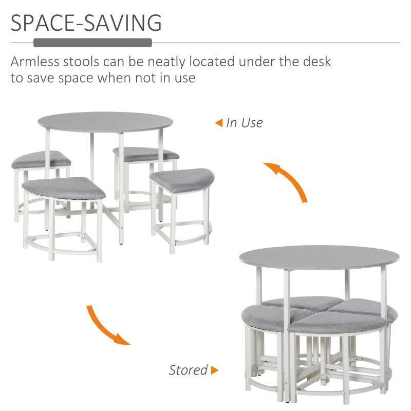Modern Grey Round Dining Table Set with 4 Upholstered Stools - Stylish Kitchen & Dining Room Furniture