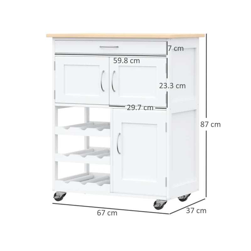 Modern Kitchen Trolley - Rolling Storage Cart with Drawer, 9-Bottle Wine Rack, Door Cabinets & Wooden Countertop in White