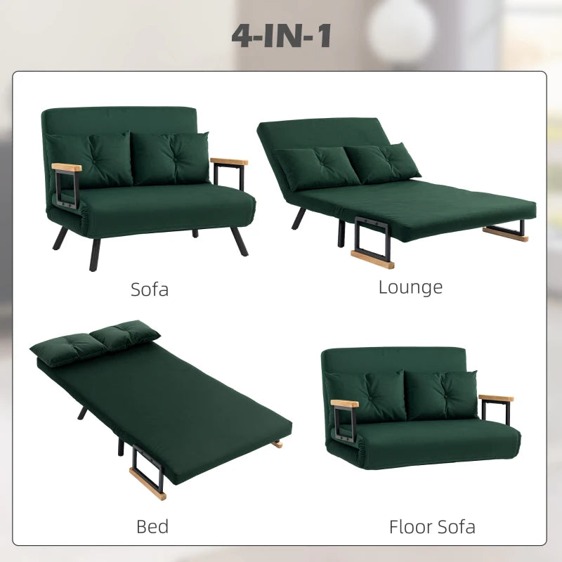 Velvet-Feel Double Sofa Bed with Pillows in Green - Versatile 4-in-1 Design for Comfort and Style