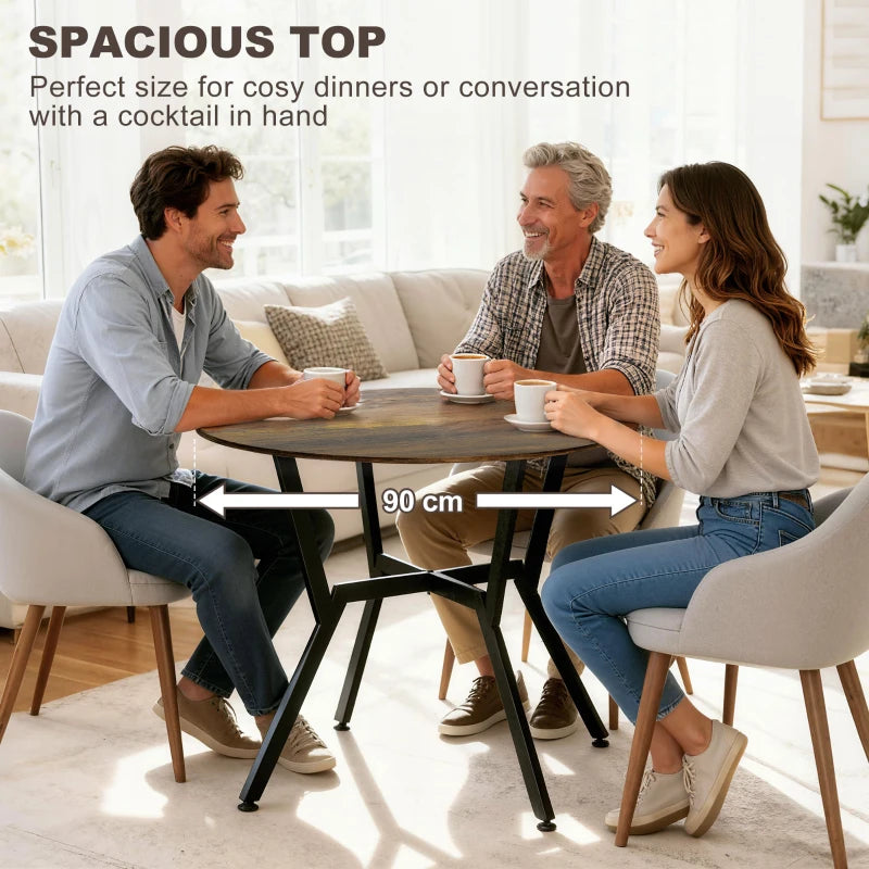 Rustic Brown Round Dining Table with Black Legs & Anti-Slip Foot Pads - 90 x 76 cm for Living Room & Kitchen