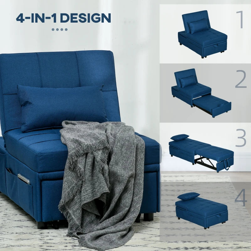 4-in-1 Convertible Chair Bed with Adjustable Backrest, Side Pocket, Wheels and Pillow for Living Room, Blue