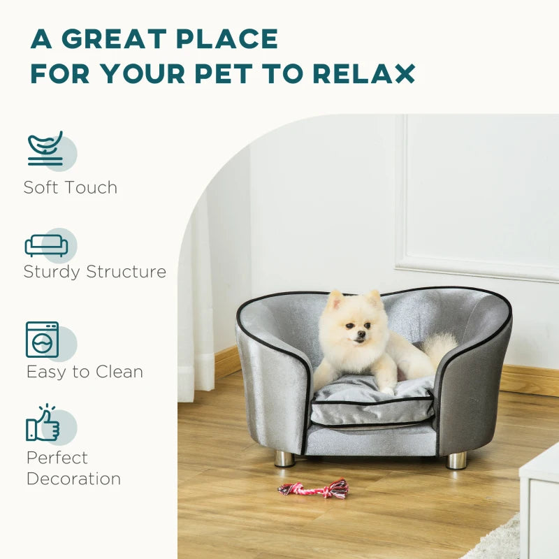 Stylish Dog Sofa Pet Chair with Wooden Frame, Removable Cushion - Grey & Silver-Tone Kitten Bed Couch
