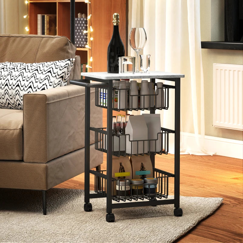 Three Basket Mobile Kitchen Island with Brakes - Stylish Grey/Black Storage Solution for Home Cooking and Dining