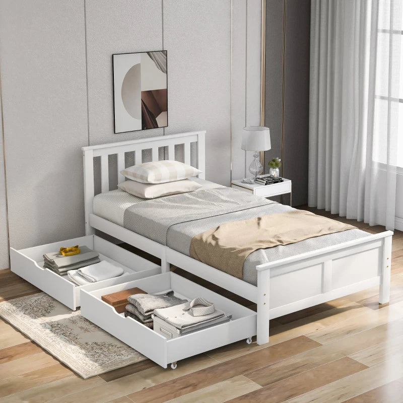 Wooden Solid Pine Divan Storage Bed with Drawers - Single 3ft, 196x100x82 cm, Stylish White Finish