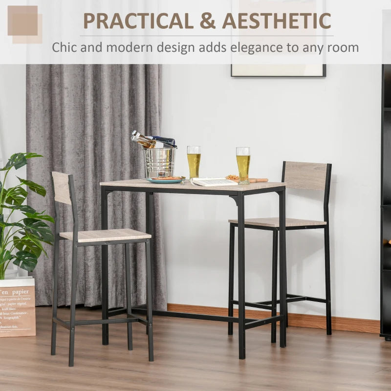 3-Piece Industrial Bar Table Set with 2 Stools, Footrest & Backrest - Perfect for Small Dining Spaces