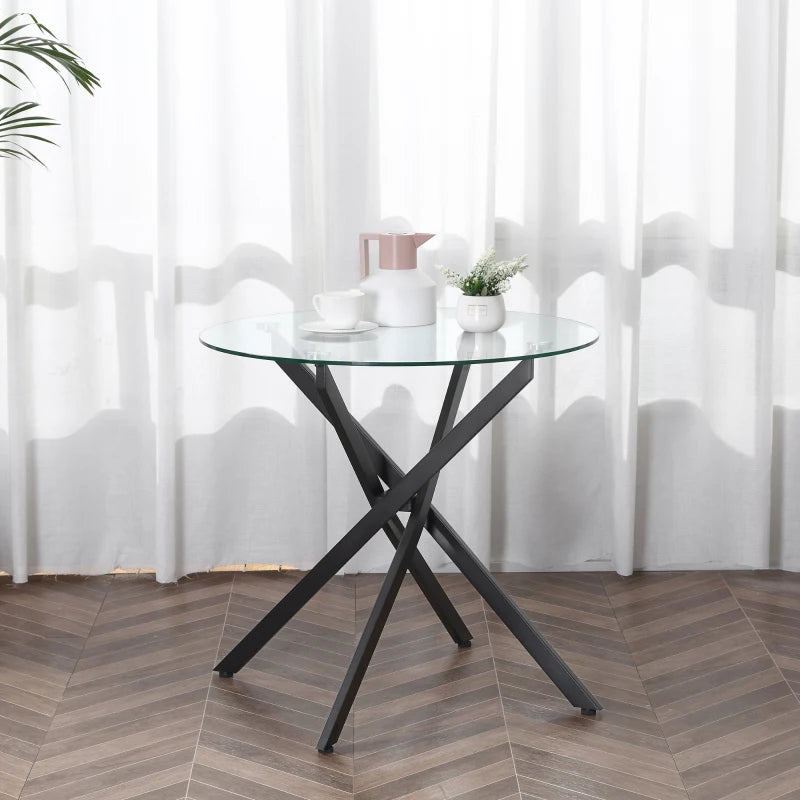 Modern Round Dining Table with Clear Tempered Glass Top & Metal Legs - Stylish Kitchen & Living Room Furniture, Black