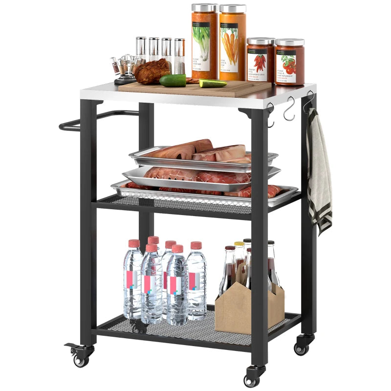 Three-Shelf Outdoor Grill Cart with Stainless Steel Top & Wheels - Movable BBQ Kitchen Island with Hooks, 65.5x41x79 cm
