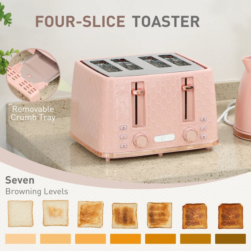 Light Pink Kettle and Toaster Set - 1.7L Fast Boil Jug Kettle & 4 Slice Toaster with 7 Browning Levels