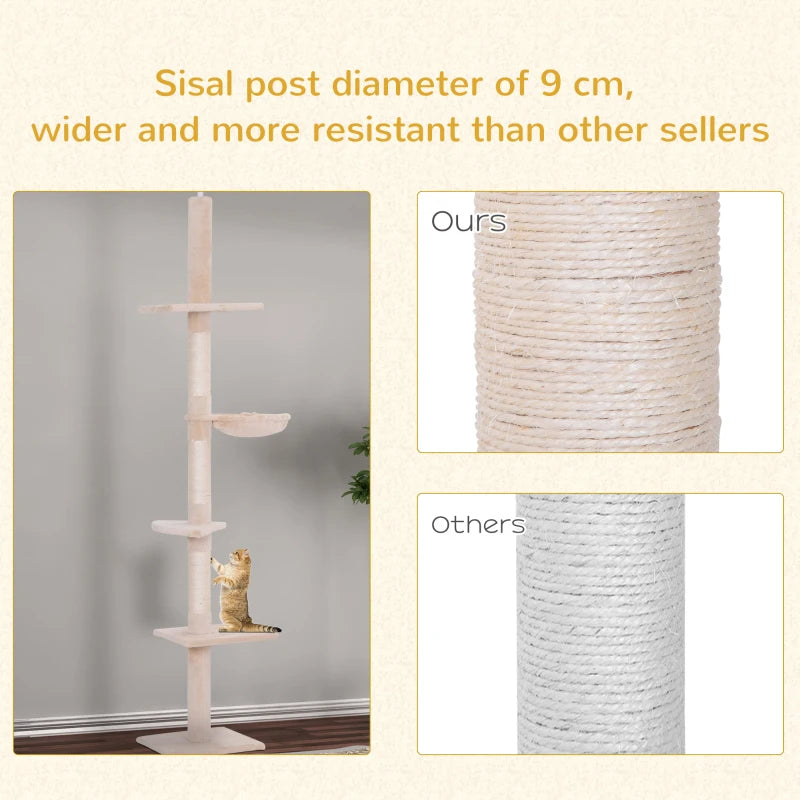 Adjustable 5-Tier Floor to Ceiling Cat Tree 230-260cm - Scratching Post, Hammock & Perches for Indoor Kittens - Beige