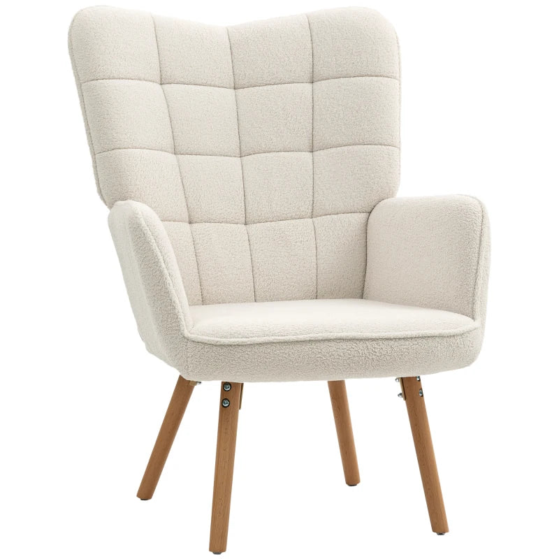 Modern Cream White Accent Chair - Upholstered Tufted Wingback Armchair with Teddy Fleece, Padded Seat & Wood Legs for Bedroom