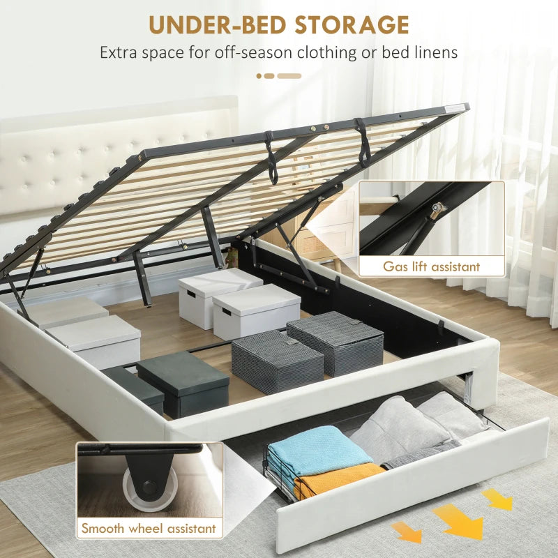 Luxury King Size Ottoman Bed Frame with Front Drawer - Elegant Cream Upholstery for Stylish Storage Solutions