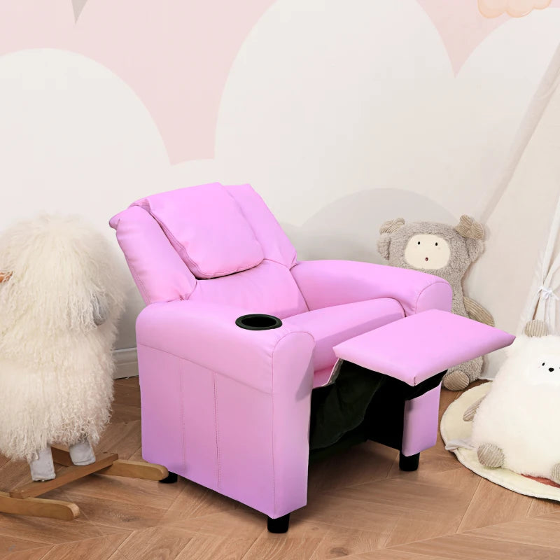 Pink Kids Recliner Chair - PU Leather, Adjustable Backrest & Footrest, Padded Headrest for Comfort - Perfect for Playrooms