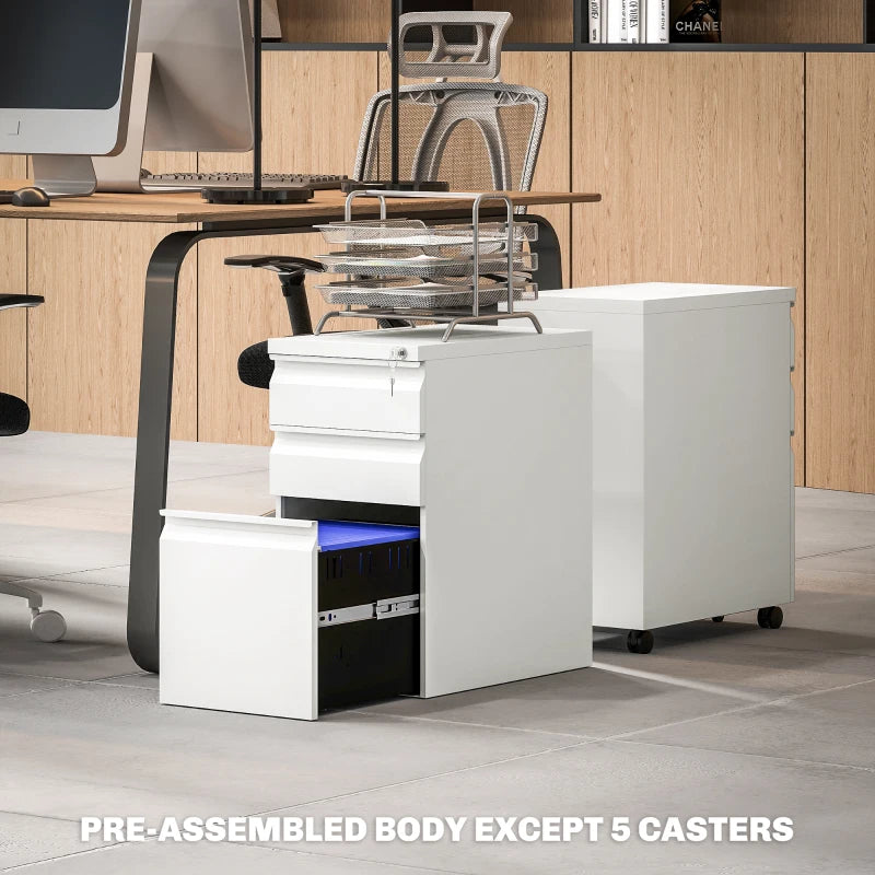 Vinsetto 3-Drawer Lockable Steel Filing Cabinet on Wheels - Modern White Office Storage Solution