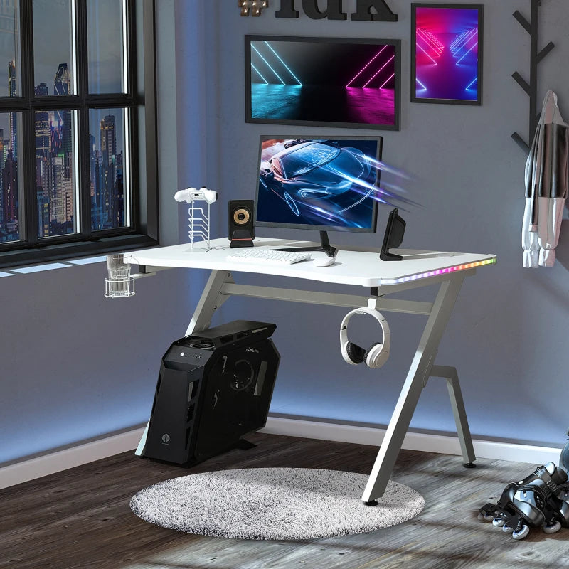 RGB Gaming Desk 120x66cm - Carbon Fibre Computer Table with Headphone Hook, Cup Holder & Controller Rack - White Home Office