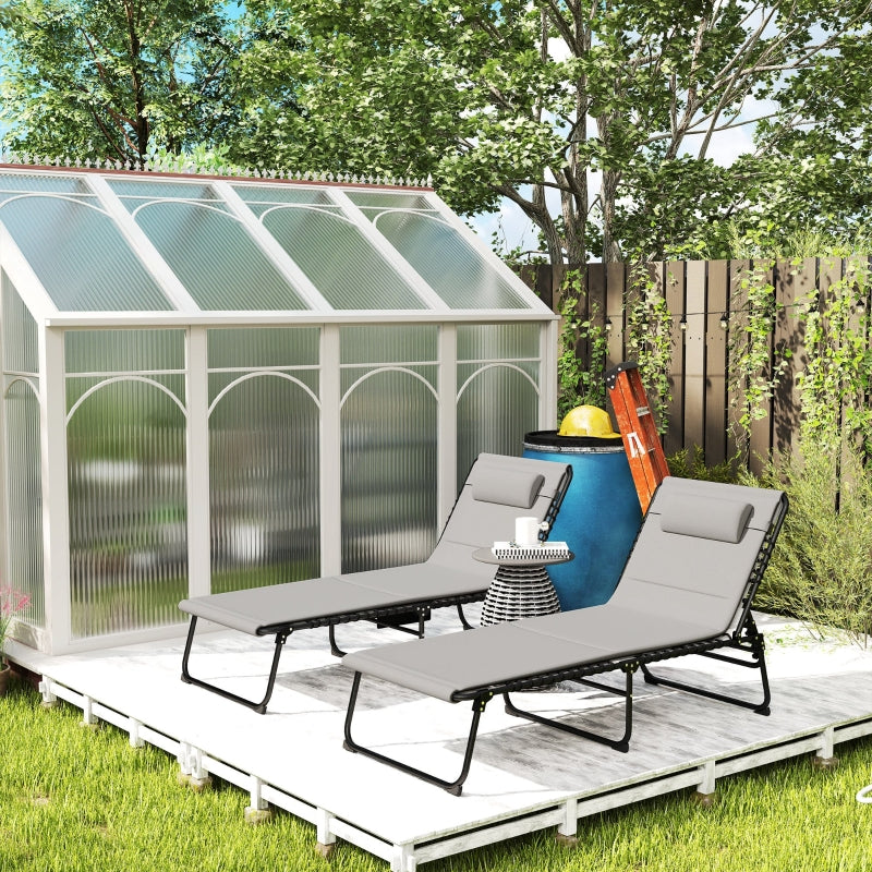 Set of 2 Light Grey Folding Sun Loungers with Quick Drying Pad, Recliner Garden Chairs with Headrest and Side Pocket for Beach and Pool