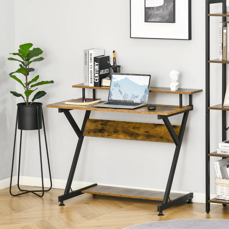Industrial Computer Desk with Monitor Stand - 100x60cm Compact Home Office Desk for Small Spaces - Rustic Brown Finish