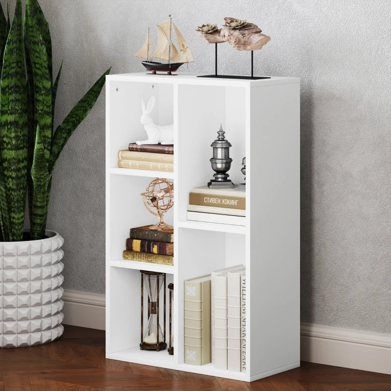 Modern 2-Tier White Bookshelf with 5 Spacious Compartments - Stylish Storage Solution for Home or Office