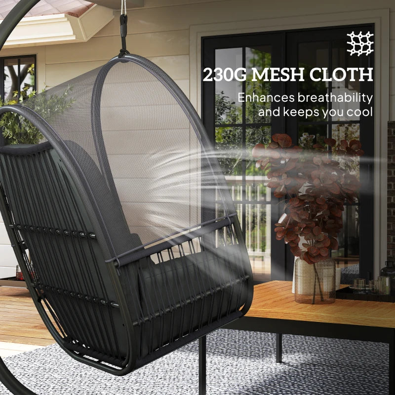 Hanging Egg Chair with Stand - Indoor Outdoor Swing Hammock, Cushions, Adjustable Height, Dark Grey