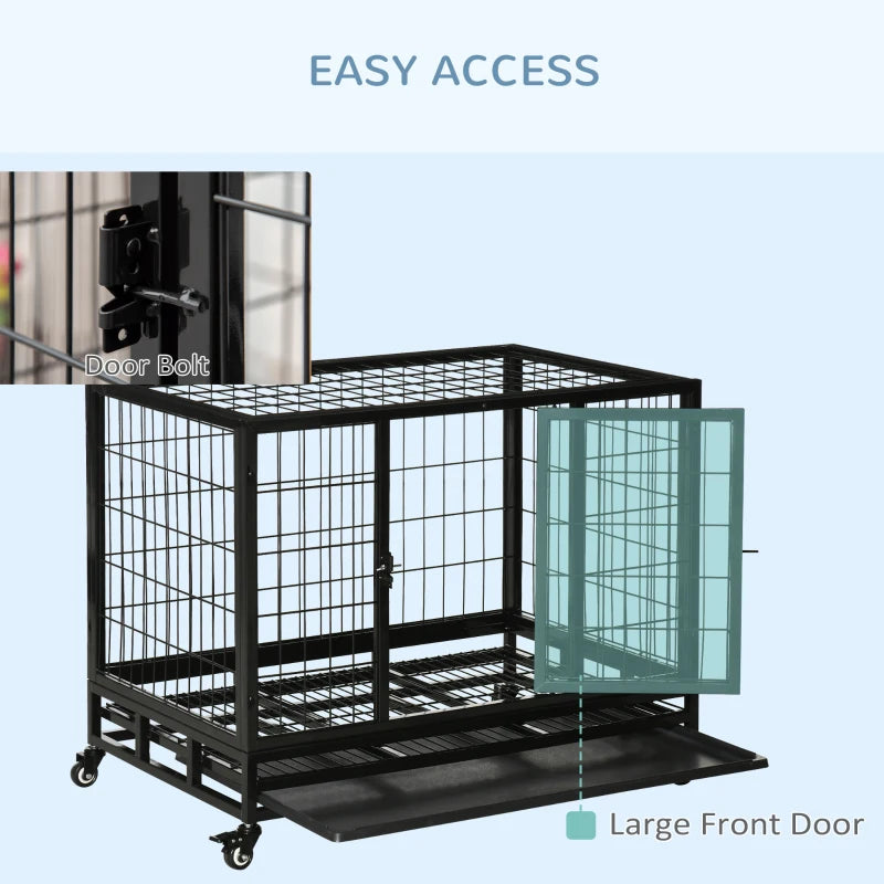 36" Heavy Duty Metal Dog Crate with Tray & Wheels - Black Medium Pet Kennel for Dogs