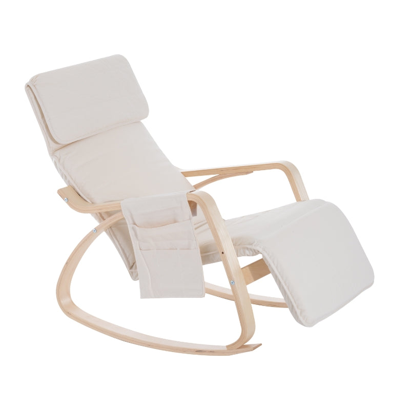 Cream White Rocking Lounge Chair Recliner with Adjustable Footrest, Side Pocket and Pillow for Ultimate Relaxation
