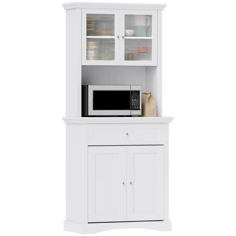4-Door White Kitchen Cupboard with Drawer, Glass Doors, Adjustable Shelves & Open Counter - Freestanding Storage Cabinet
