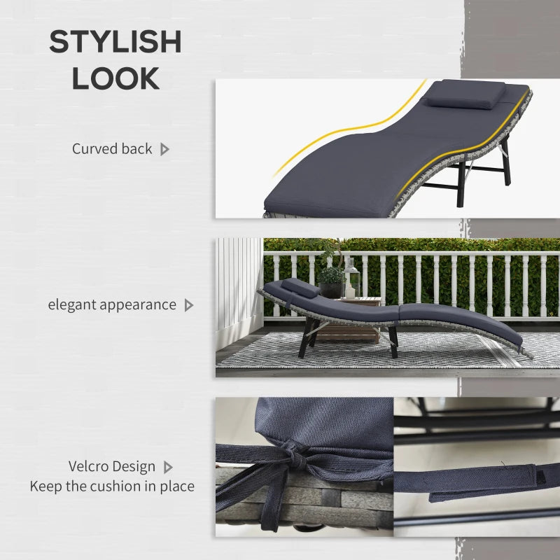 Grey Rattan Folding Sun Lounger with Cushion and Pillow