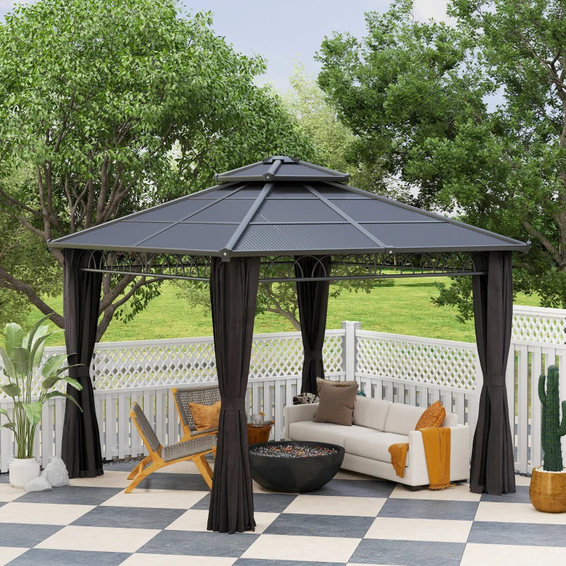 3 x 3 m Dark Grey Outdoor Polycarbonate Gazebo - Double Roof Hard Top with Galvanised Steel Frame, Nettings & Curtains for Garden, Lawn, Patio and Deck