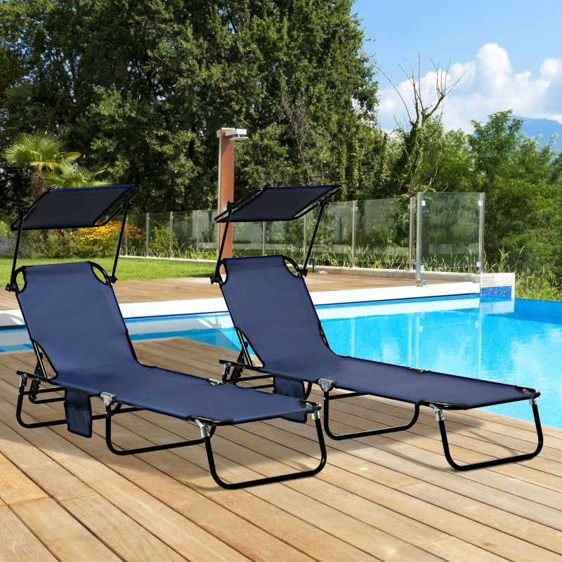 2 Piece Dark Blue Folding Sun Loungers with Canopy - Adjustable Recliner Garden Chairs with Side Pocket, Steel Frame and Breathable Mesh for Outdoor, Pool, Beach, Garden