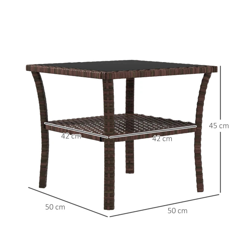 Brown Rattan Glass Top Patio Side Table - 50cm