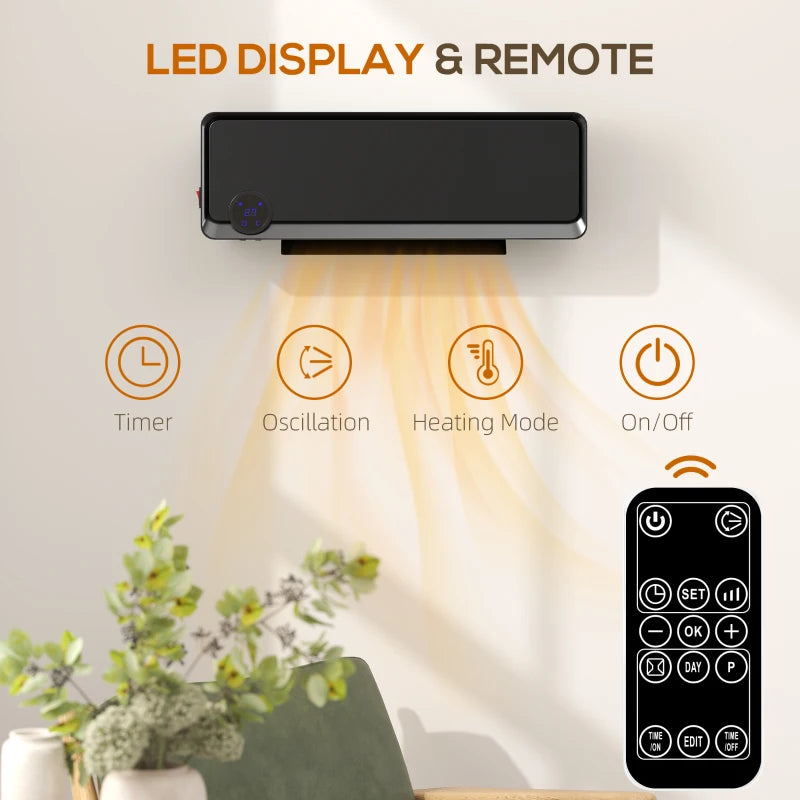 Electric Wall Downflow Heater 2000W with Timer Remote Oscillation for Home Office Bedroom