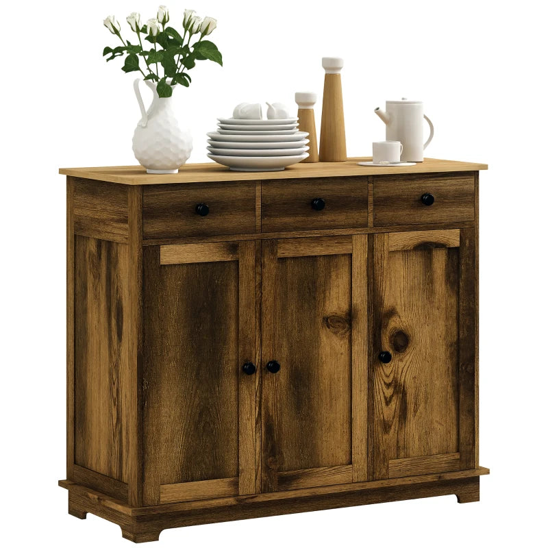 Rustic Brown Sideboard with Rubberwood Top & Adjustable Shelves - Perfect for Dining Room & Kitchen Storage