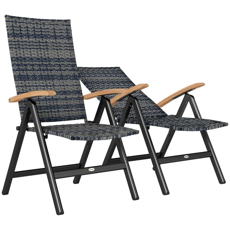 2-Piece Folding Rattan Garden Dining Chairs Set - 5-Level Reclining High Back, Wood Armrests, Outdoor Furniture - Mixed Grey