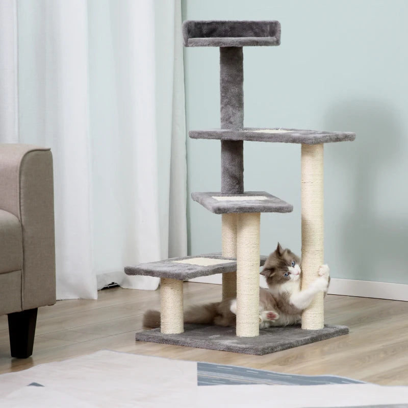 100 cm Cat Tree for Indoor Cats - Grey Kitten Scratching Post & Climbing Tower Activity Centre