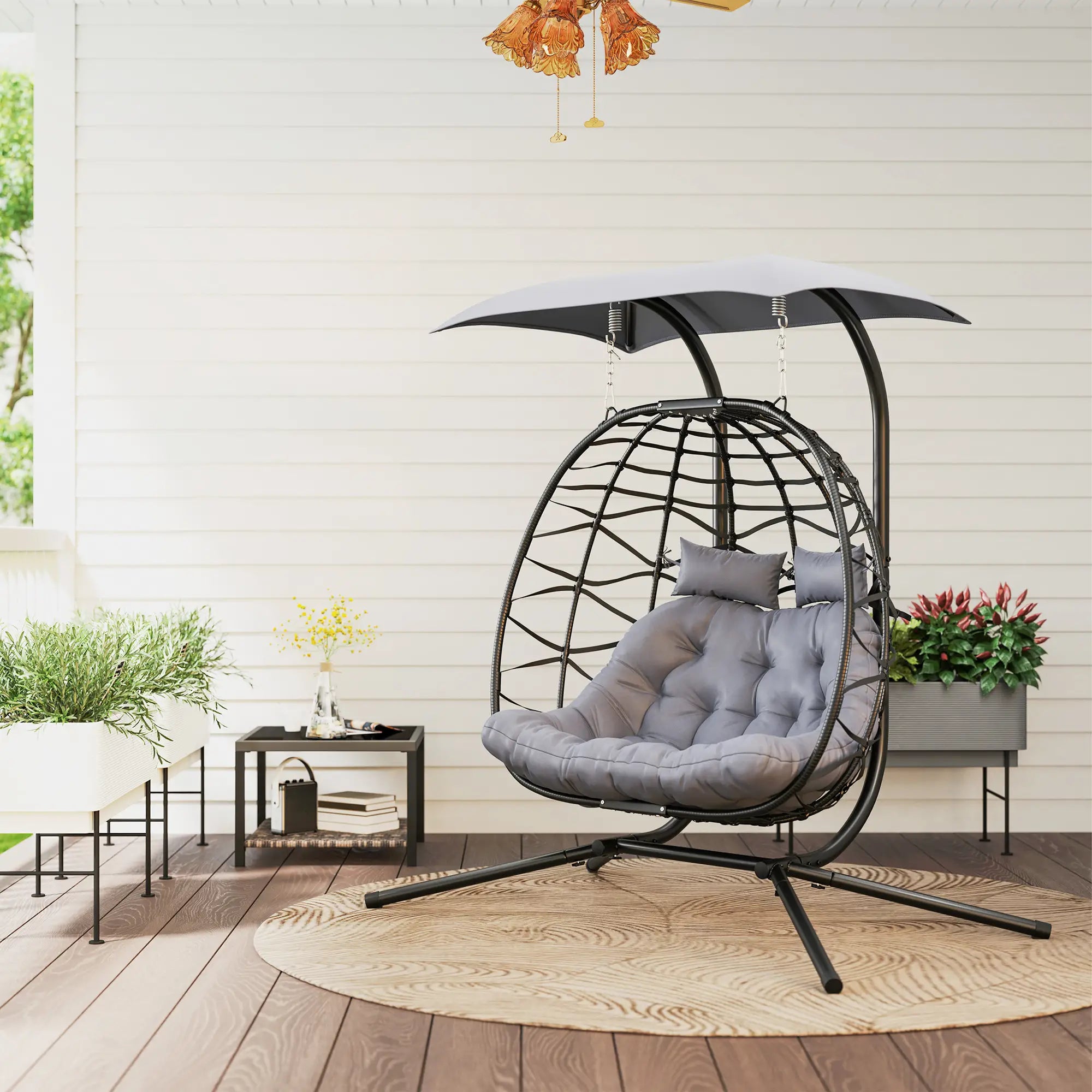 Rattan Double Hanging Egg Chair with Canopy - Foldable Swing/Egg Chair with Cushion, Head Pillows, Stand & Steel Frame
