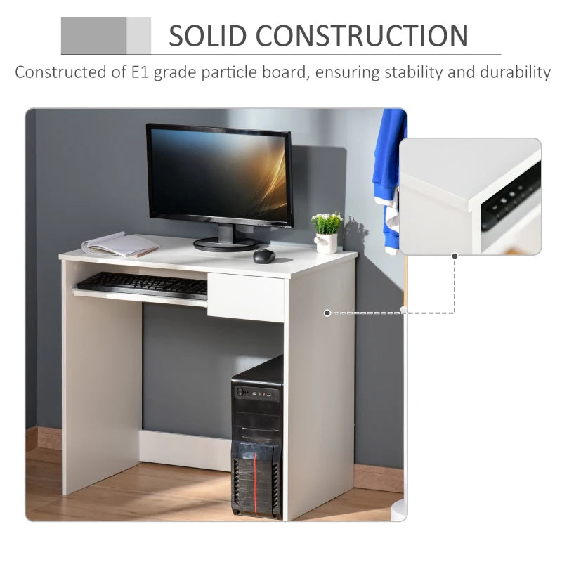 80cm Compact Computer Desk with Keyboard Tray & Drawer - Stylish Home Office Desk for Bedroom Study, White Finish