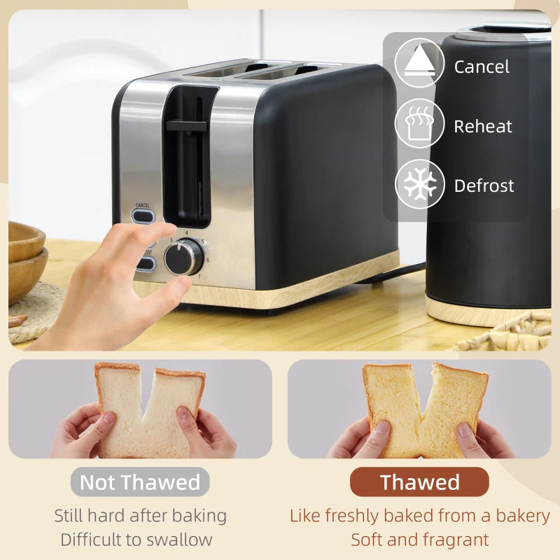 Stainless Steel Kettle & Toaster Set - 1.7L Fast Boil Kettle 3000W & 2 Slice Toaster with 7 Browning Levels, Black
