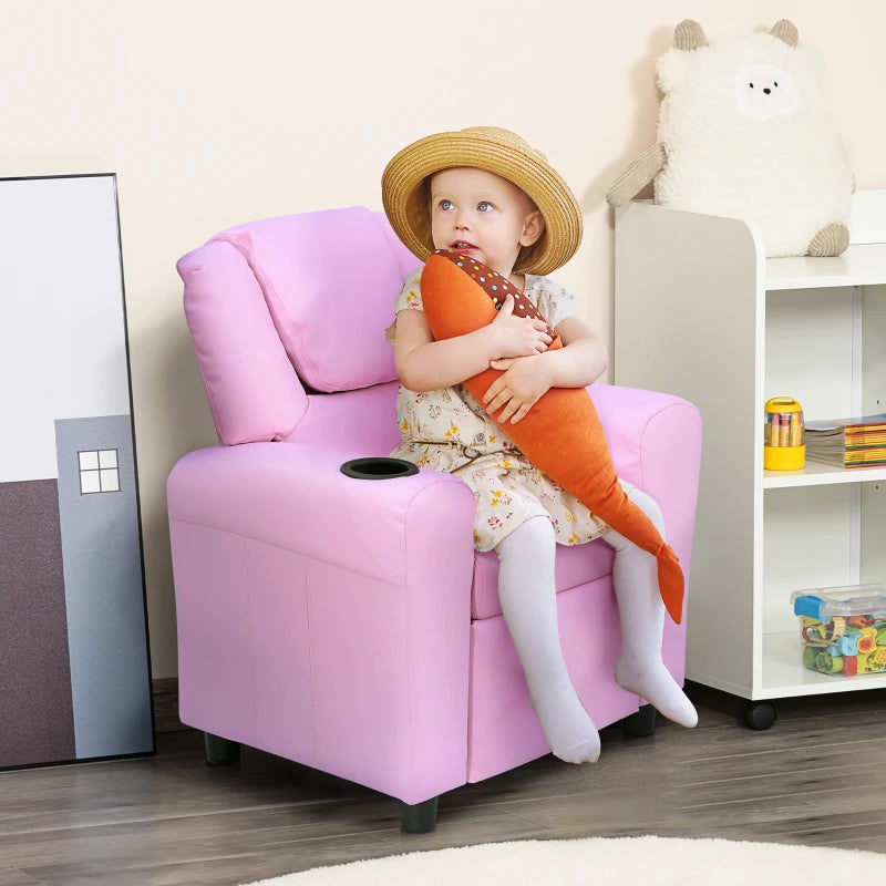 Pink Kids Recliner Chair - PU Leather, Adjustable Backrest & Footrest, Padded Headrest for Comfort - Perfect for Playrooms