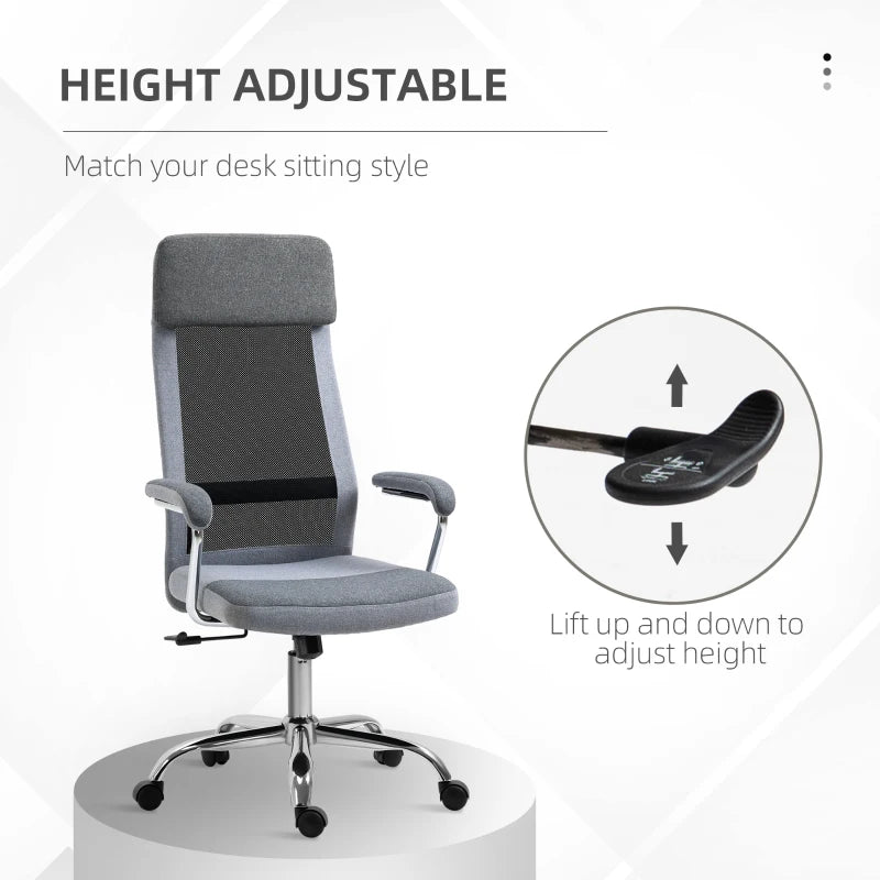Vinsetto Ergonomic Office Chair - High Back Desk Chair with Adjustable Height, Swivel Wheels, Mesh Back & Linen-Feel Seat, Grey