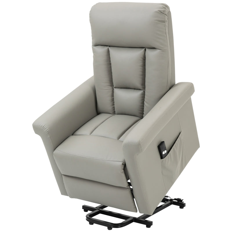 Power Lift Recliner Chair for Elderly - PU Leather Armchair with Extended Footrest, Remote Control, Side Pocket, Grey