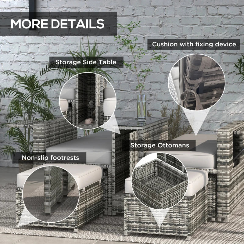 Grey Rattan Sun Lounger Set with Storage Table & Footstools