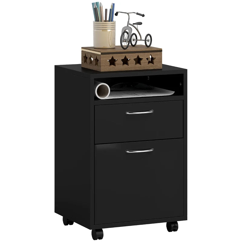 60cm Mobile Filing Cabinet with Drawer & Open Shelf, 4 Wheels, Metal Handles - Black Office Home Organizer for Printers