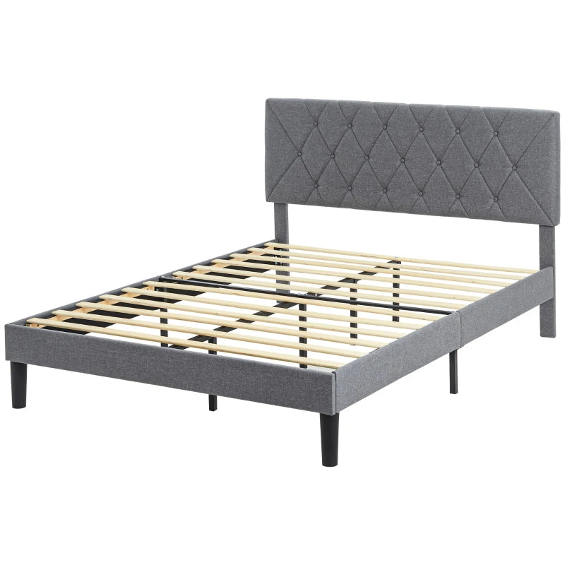 Adjustable Linen Upholstered Double Bed Frame with Stylish Headboard in Grey 145x196x120cm