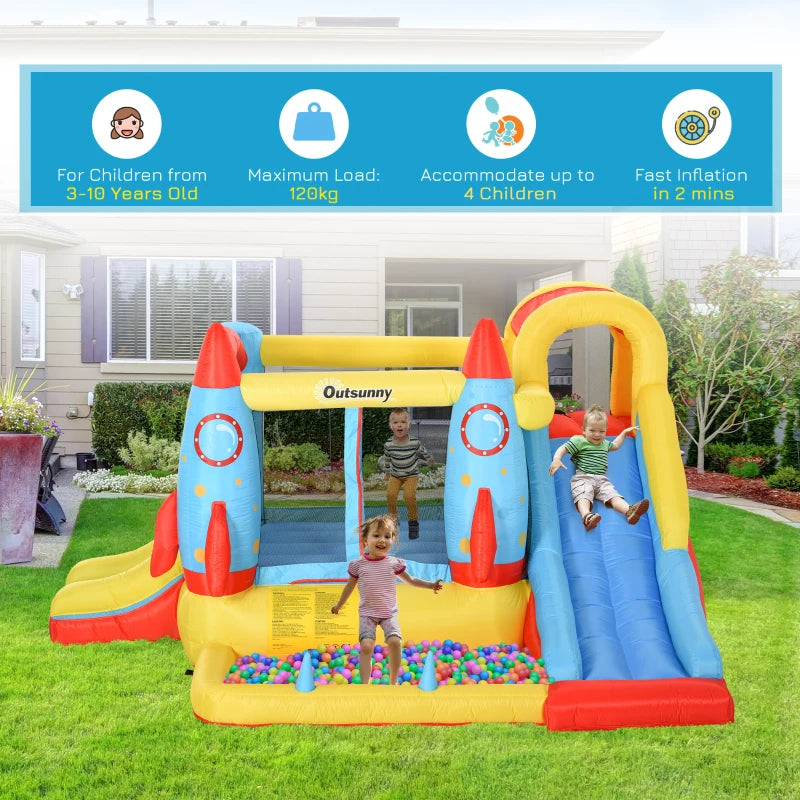 Inflatable Bounce Castle Trampoline Slide Pool Rocket Design 3.4m x 2.8m x 1.85m for Kids Outdoor Fun