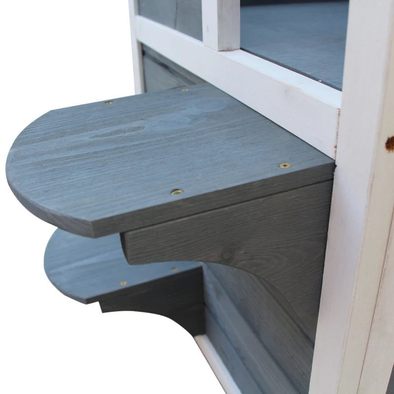 Wooden Cat House - 2-Floor Outdoor Kitten Shelter with Window - Stylish Grey Design for Cats and Kittens
