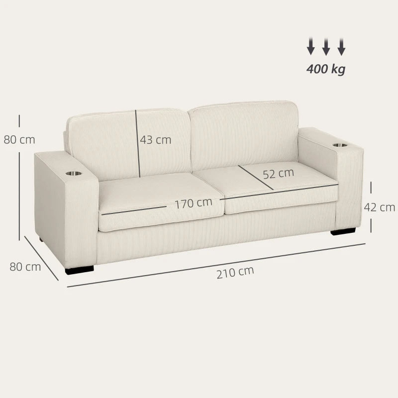 Three-Seater Corduroy Sofa in Cream White for Stylish Living Room Comfort